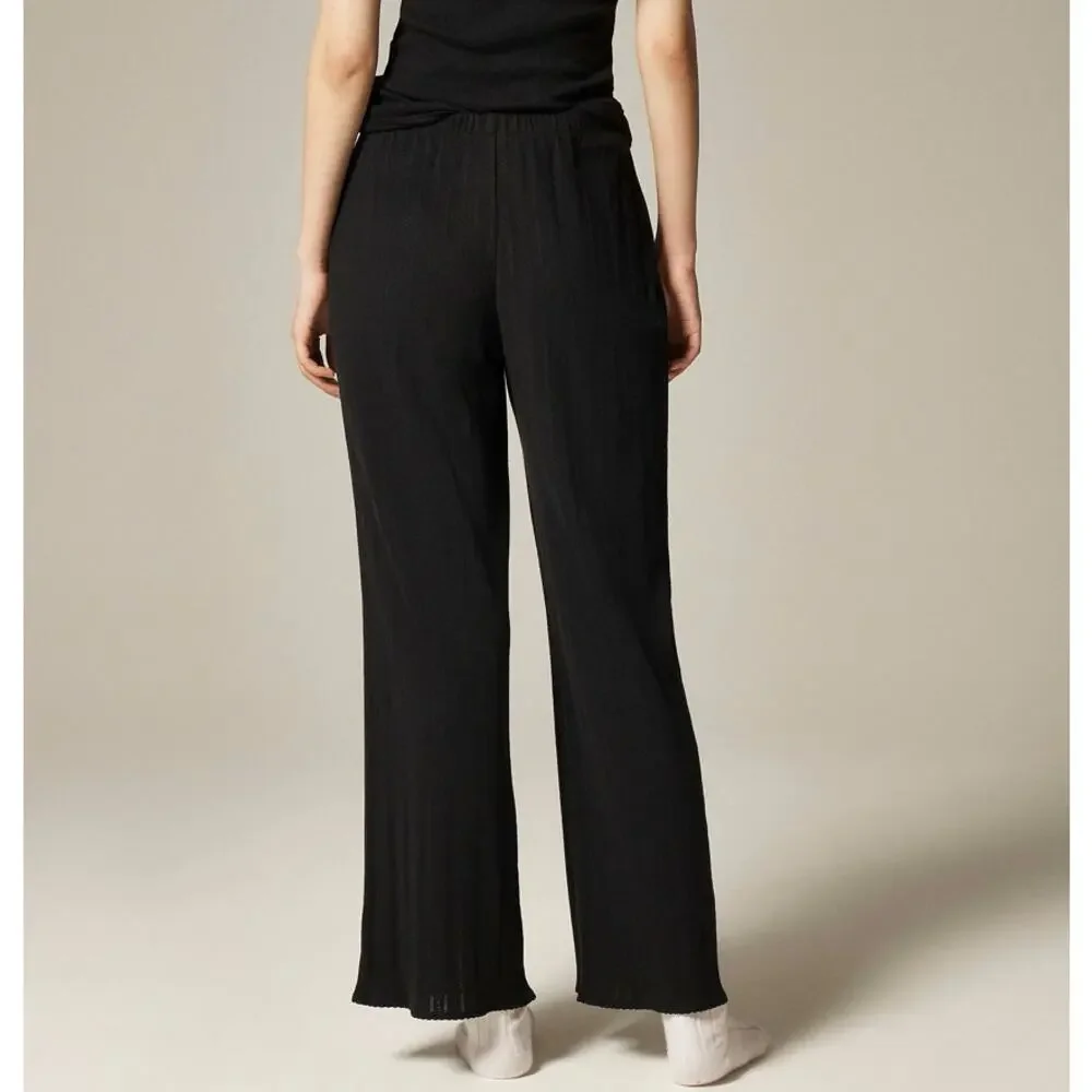 J.Crew Pointelle Pants WMNS XS Black Mid-Rise Drapey Wide Leg Elastic Waistband